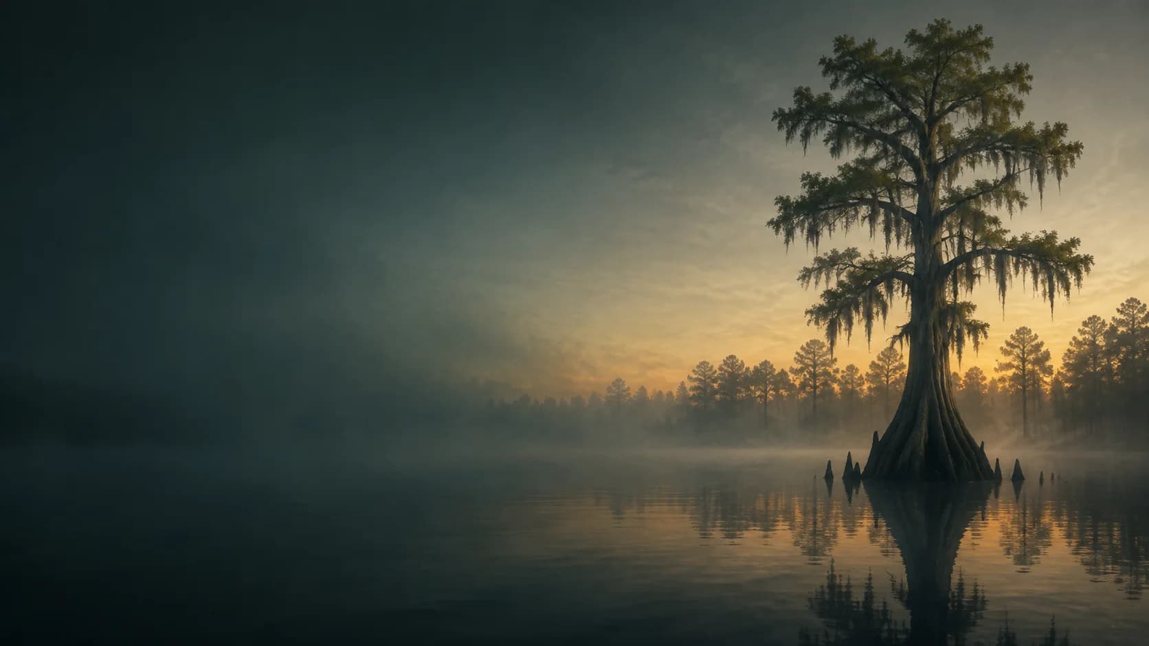 Cypress water at dawn, illustrated for Flathead & Ol’ Blue